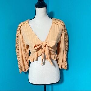 NWT American Eagle XS Orange Cropped Tie Front Crochet Lace Detail Ruffle Top